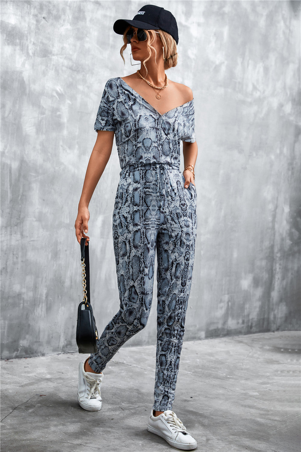 Animal Print V-Neck Jumpsuit with Pockets - SHIRLYN.CO