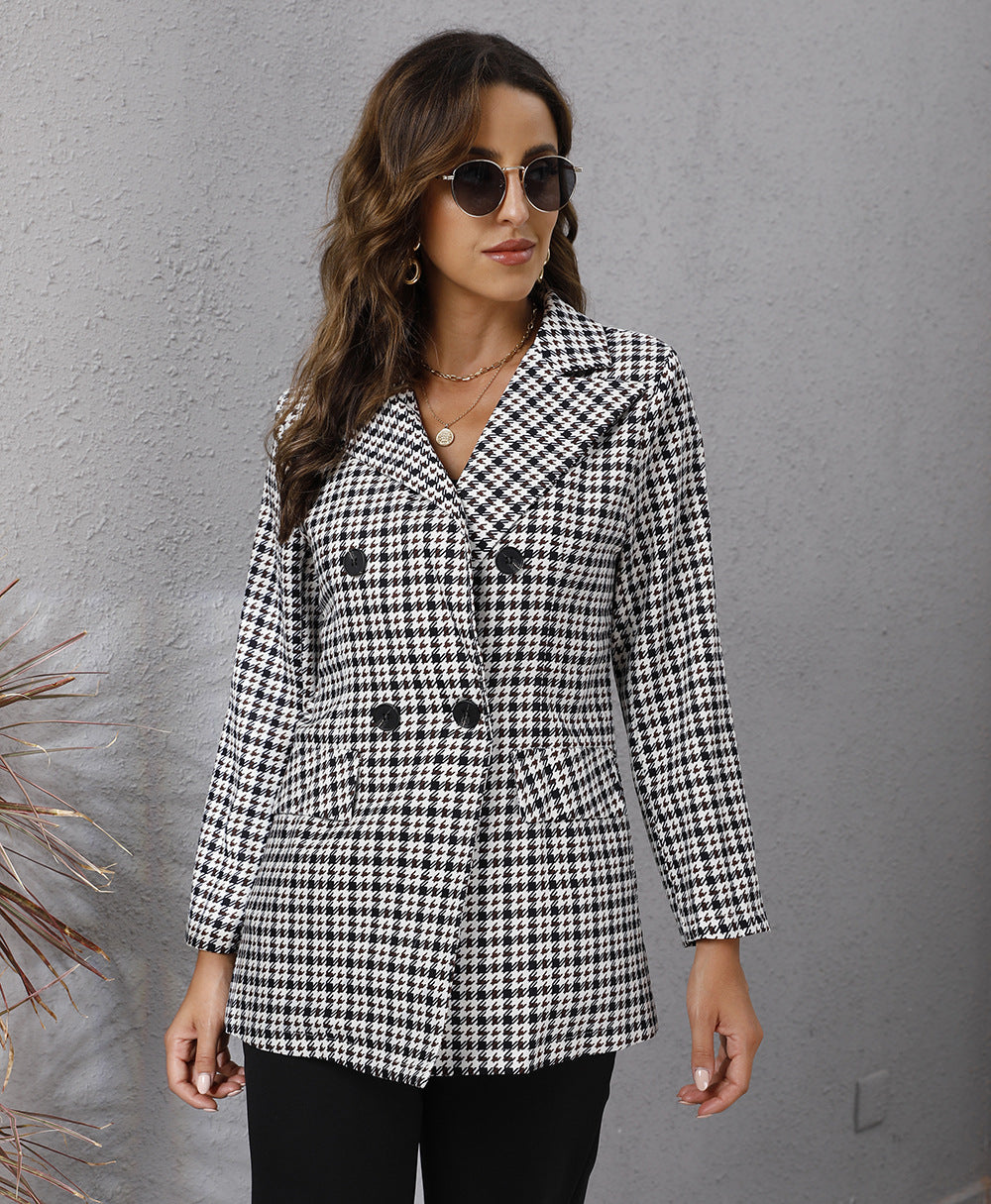 Fall Blazer Women Clothing Houndstooth Collared Long Sleeve Coat - SHIRLYN.CO