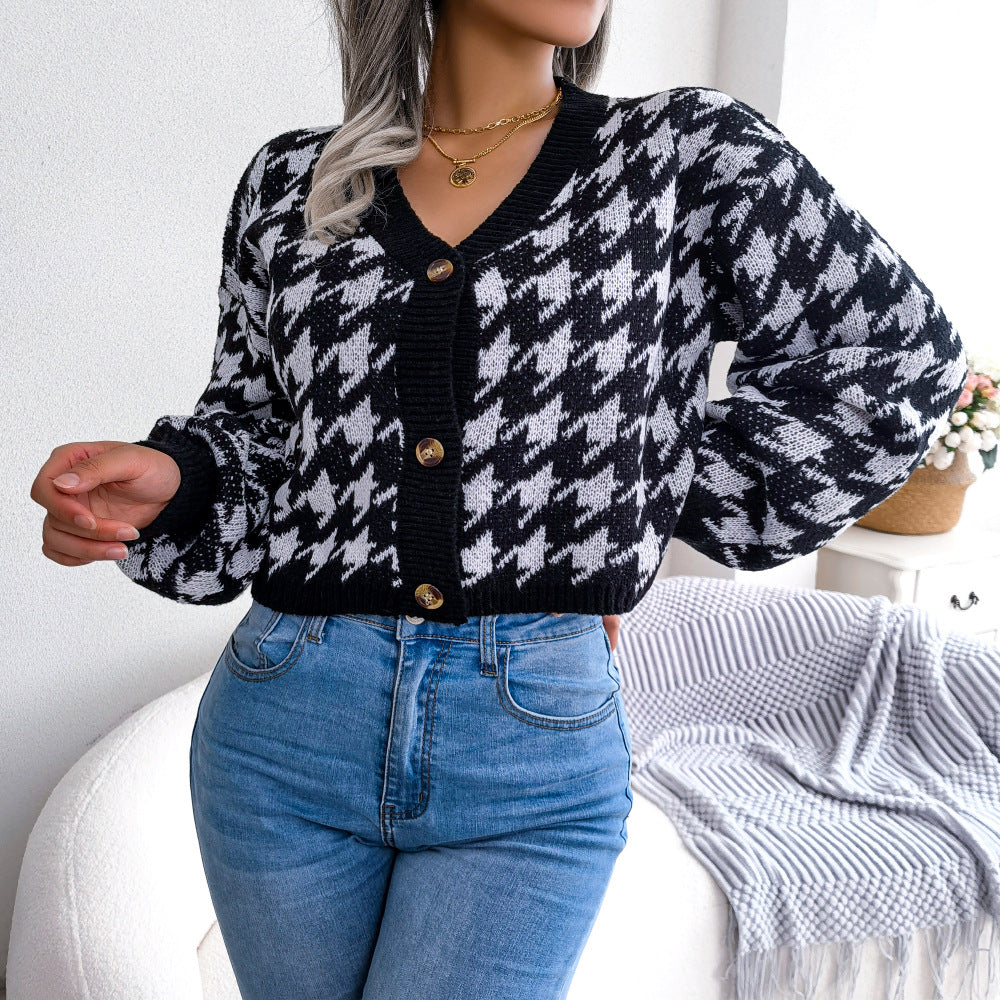 Houndstooth V-Neck Dropped Shoulder Cropped Cardigan - SHIRLYN.CO