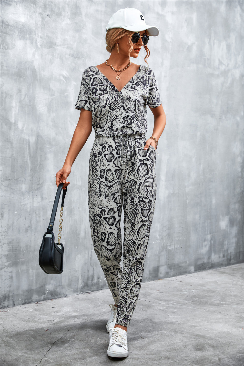 Animal Print V-Neck Jumpsuit with Pockets - SHIRLYN.CO