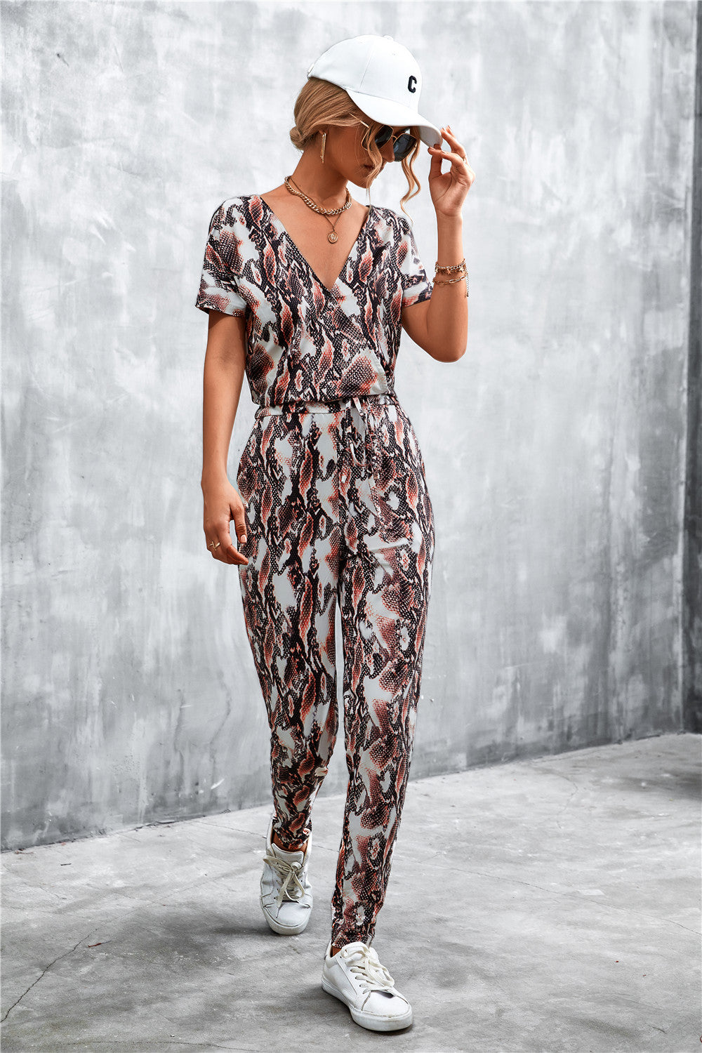 Animal Print V-Neck Jumpsuit with Pockets - SHIRLYN.CO