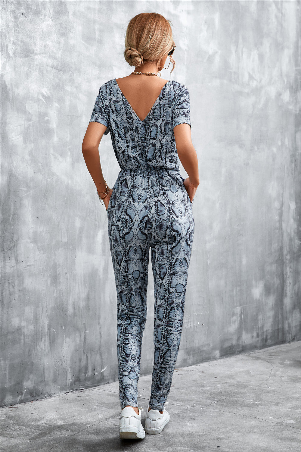 Animal Print V-Neck Jumpsuit with Pockets - SHIRLYN.CO