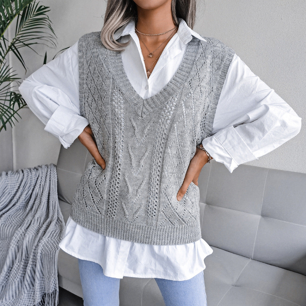 Openwork Ribbed Trim V-Neck Capped Sleeve Sweater Vest - SHIRLYN.CO