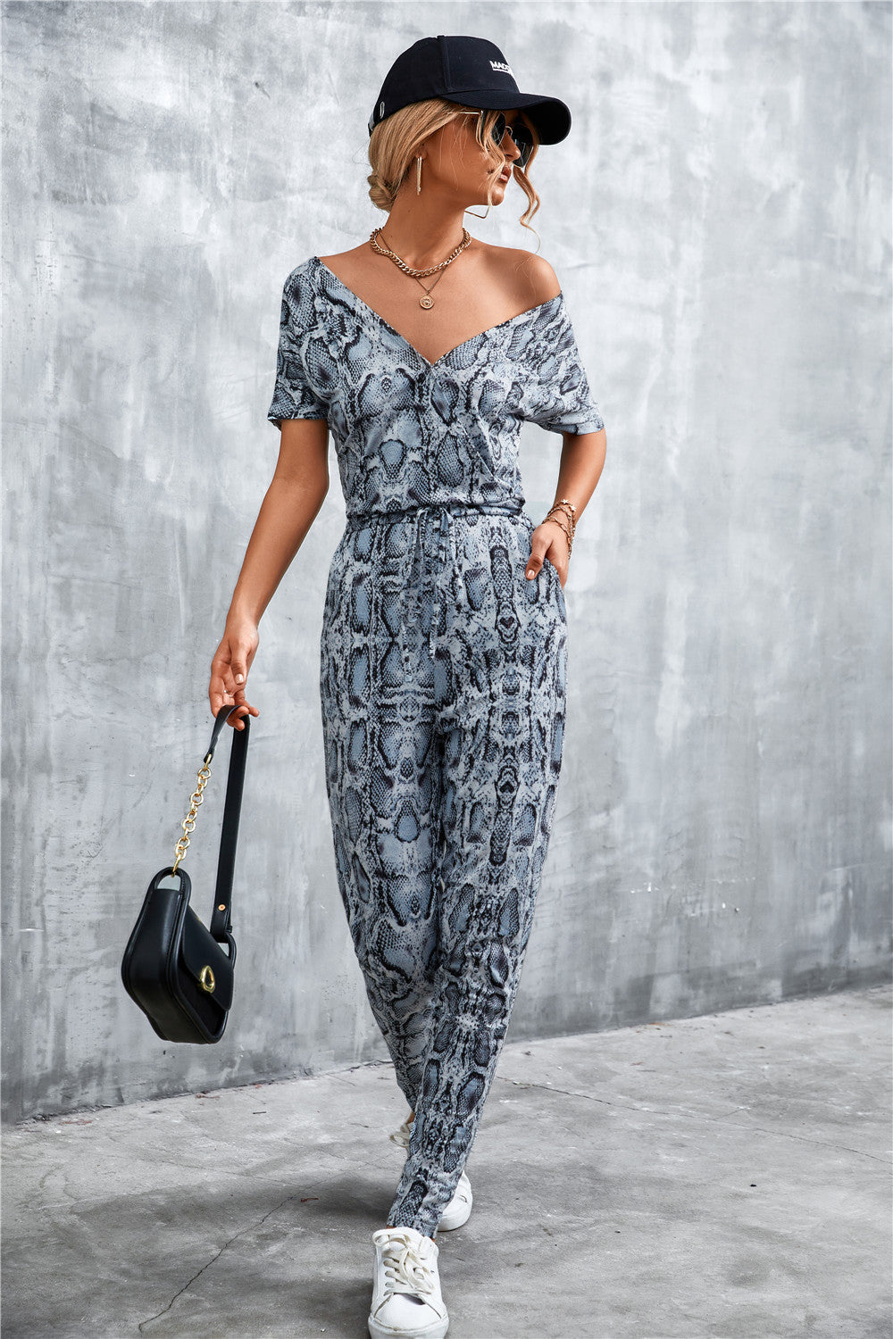 Animal Print V-Neck Jumpsuit with Pockets - SHIRLYN.CO