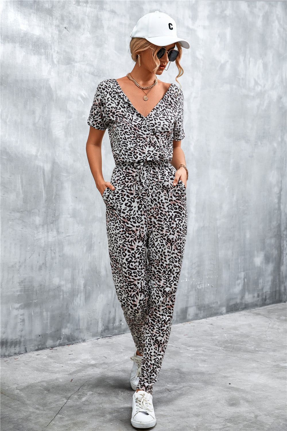 Animal Print V-Neck Jumpsuit with Pockets - SHIRLYN.CO