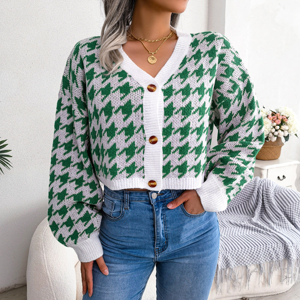 Houndstooth V-Neck Dropped Shoulder Cropped Cardigan - SHIRLYN.CO