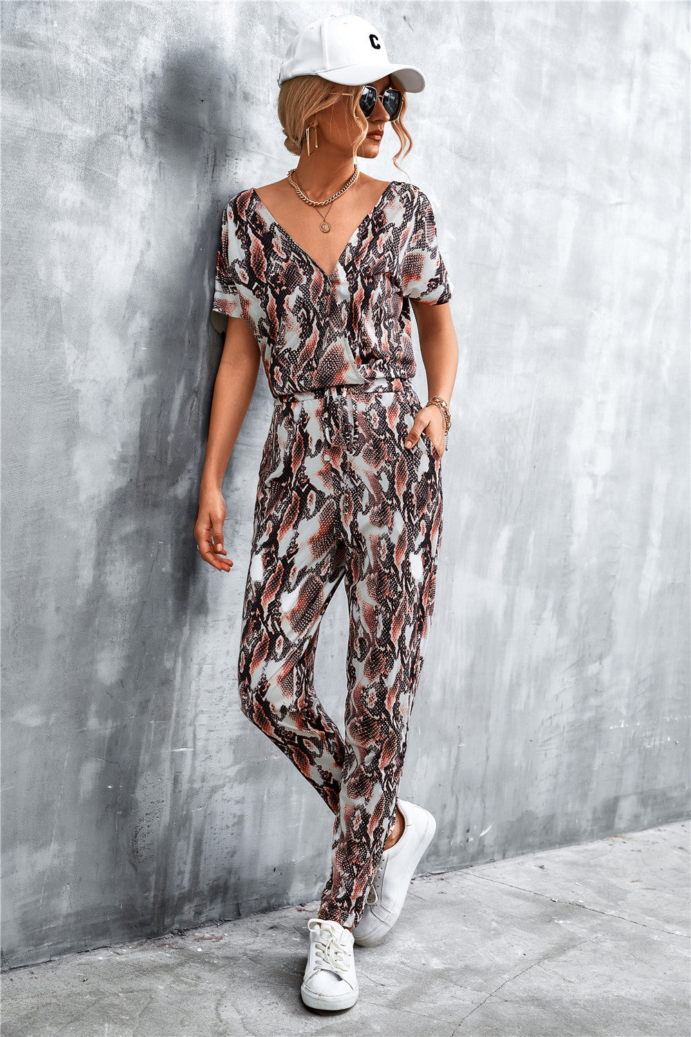 Animal Print V-Neck Jumpsuit with Pockets - SHIRLYN.CO