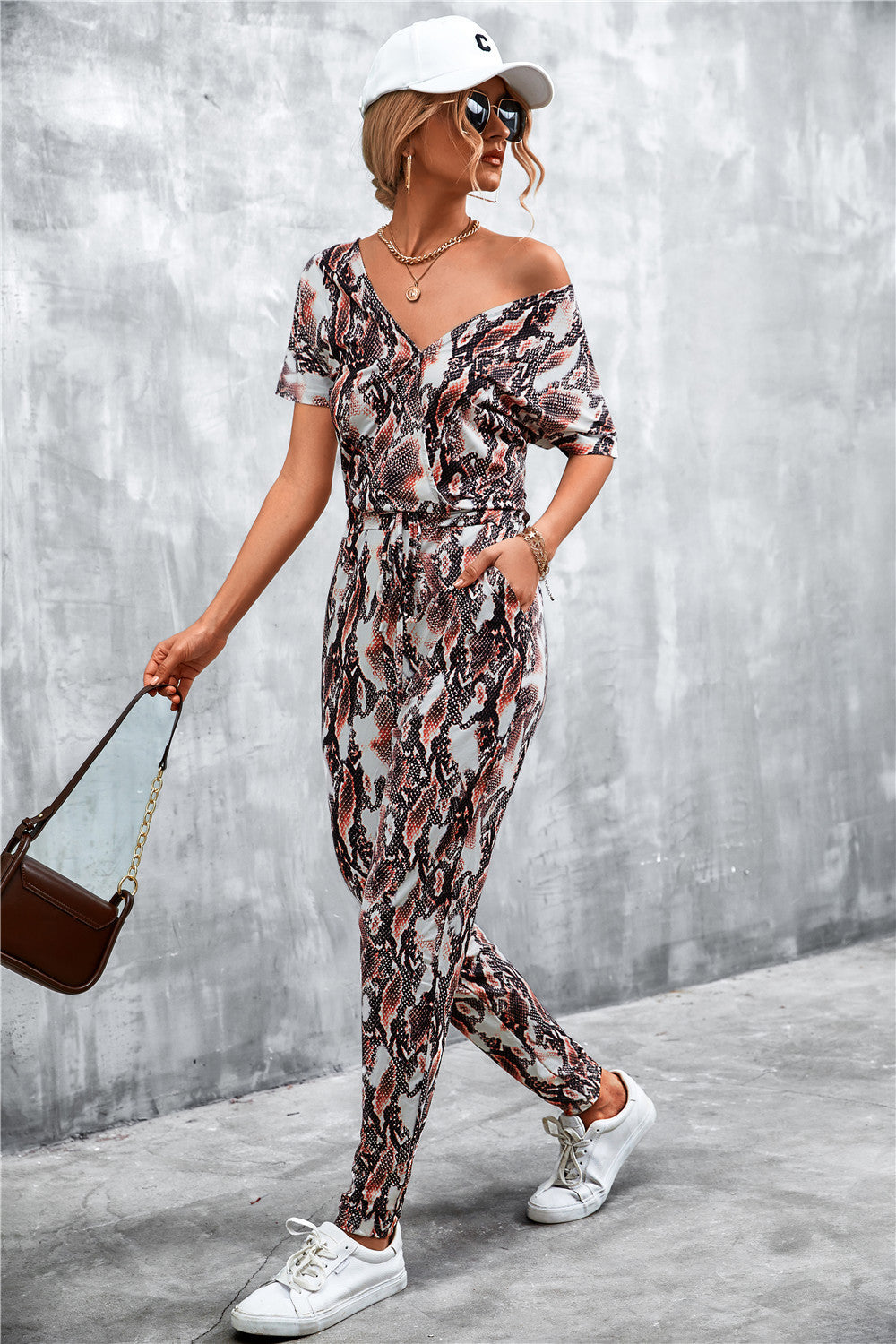 Animal Print V-Neck Jumpsuit with Pockets - SHIRLYN.CO