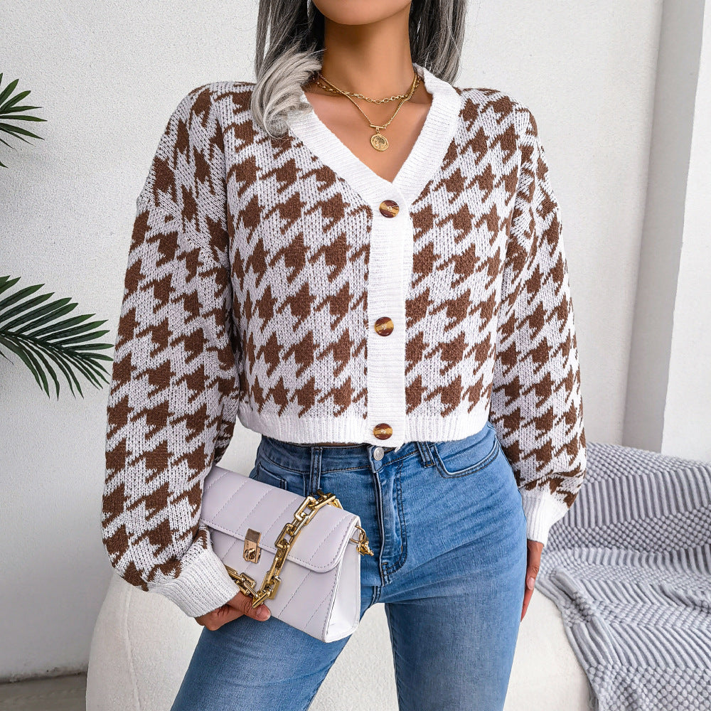 Houndstooth V-Neck Dropped Shoulder Cropped Cardigan - SHIRLYN.CO