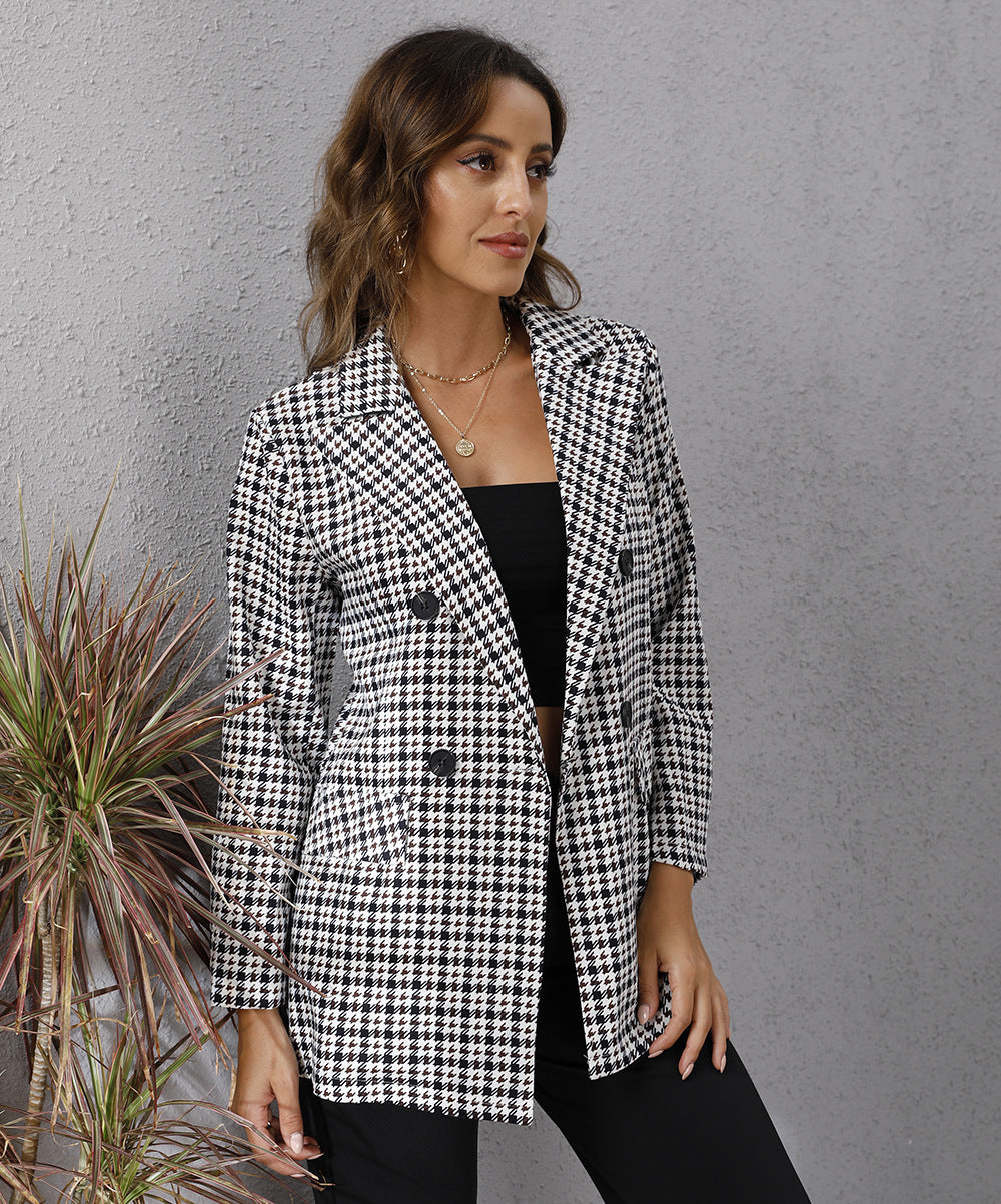 Fall Blazer Women Clothing Houndstooth Collared Long Sleeve Coat - SHIRLYN.CO