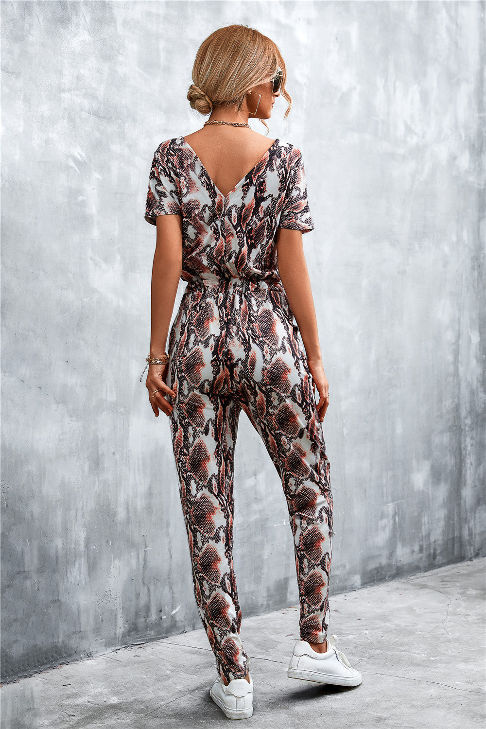 Animal Print V-Neck Jumpsuit with Pockets - SHIRLYN.CO