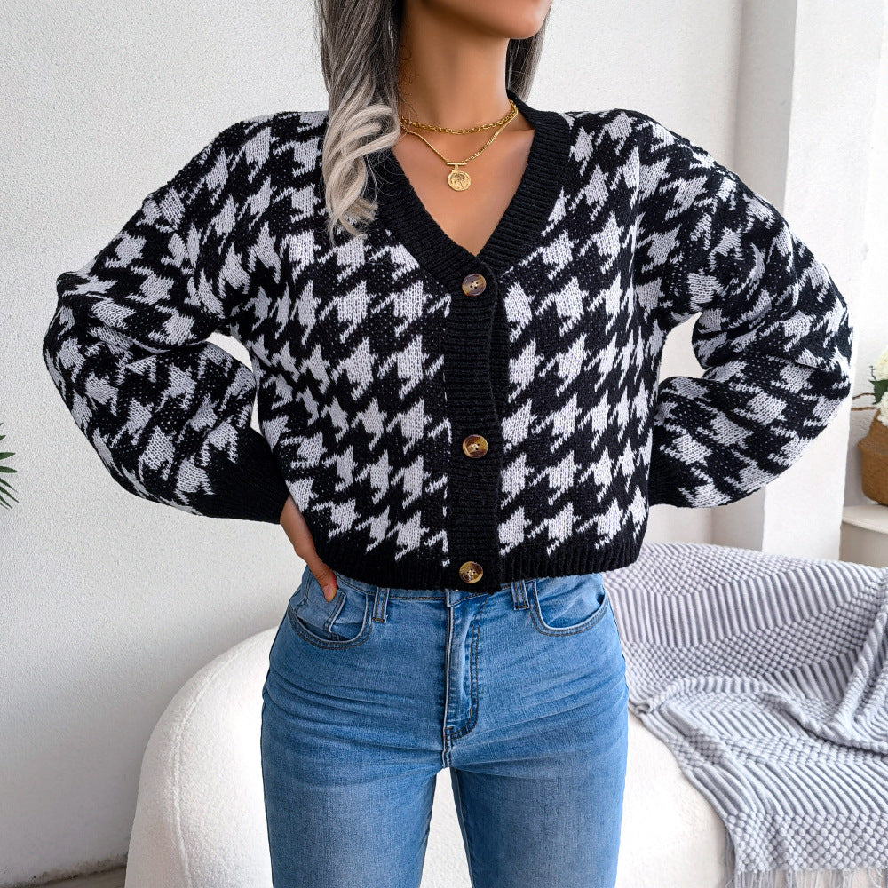 Houndstooth V-Neck Dropped Shoulder Cropped Cardigan - SHIRLYN.CO