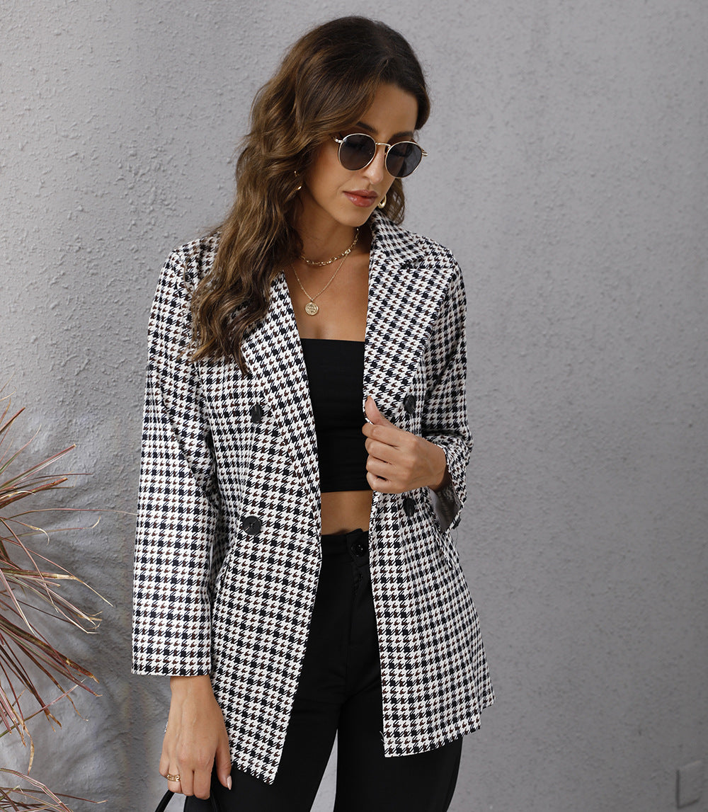 Fall Blazer Women Clothing Houndstooth Collared Long Sleeve Coat - SHIRLYN.CO