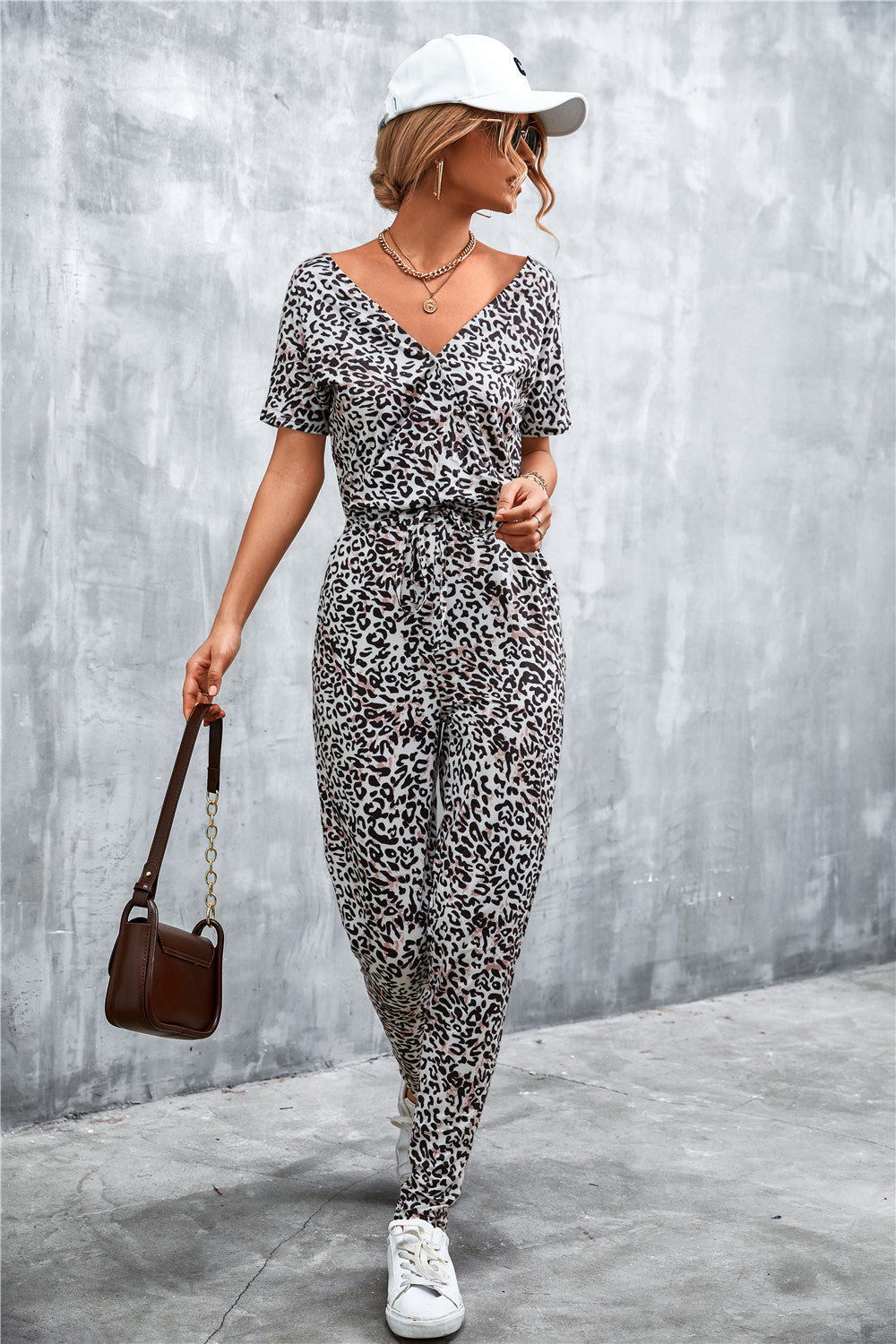 Animal Print V-Neck Jumpsuit with Pockets - SHIRLYN.CO