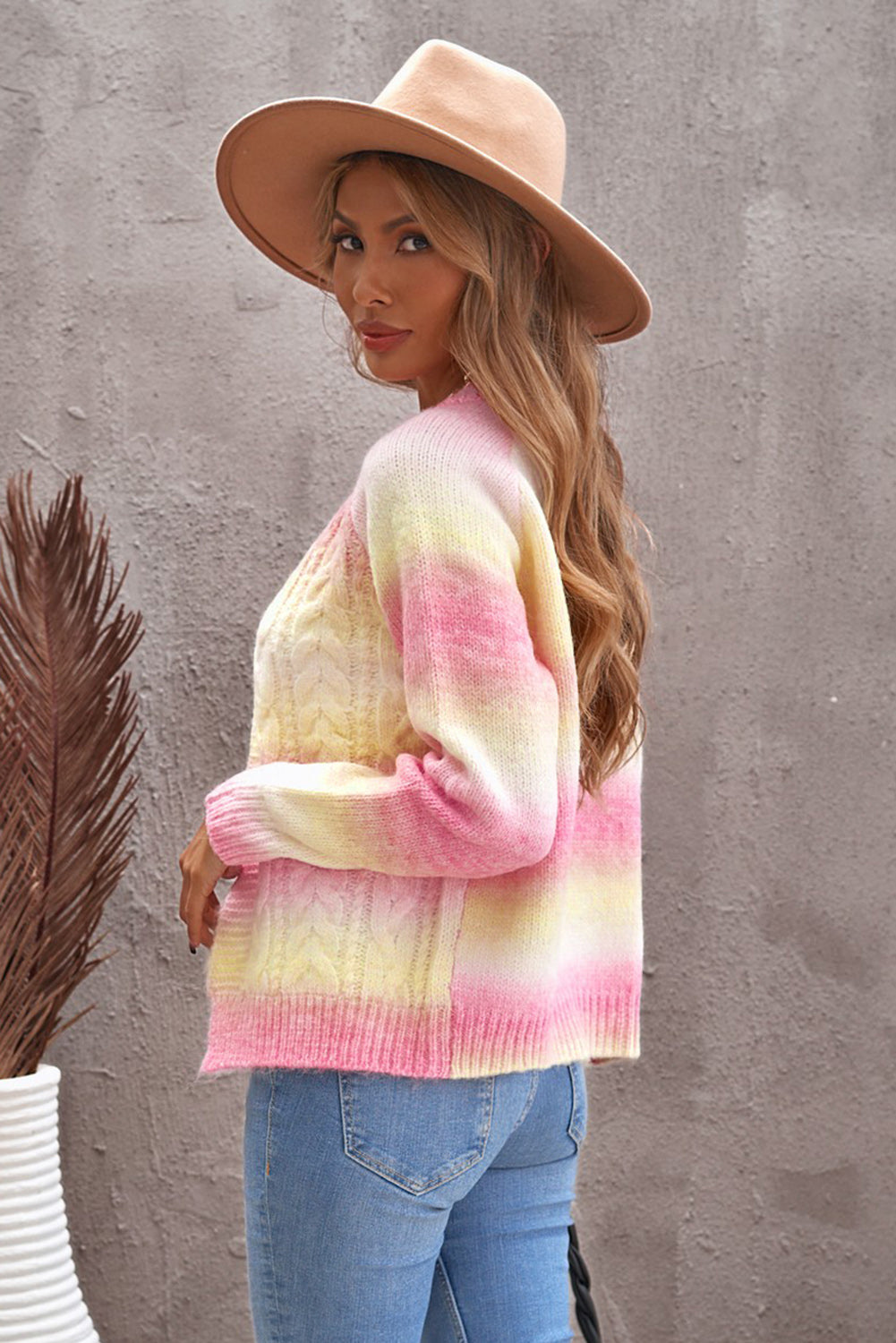 Woven Right Tie-Dye Cable-Knit Raglan Sleeve Open Front Cardigan