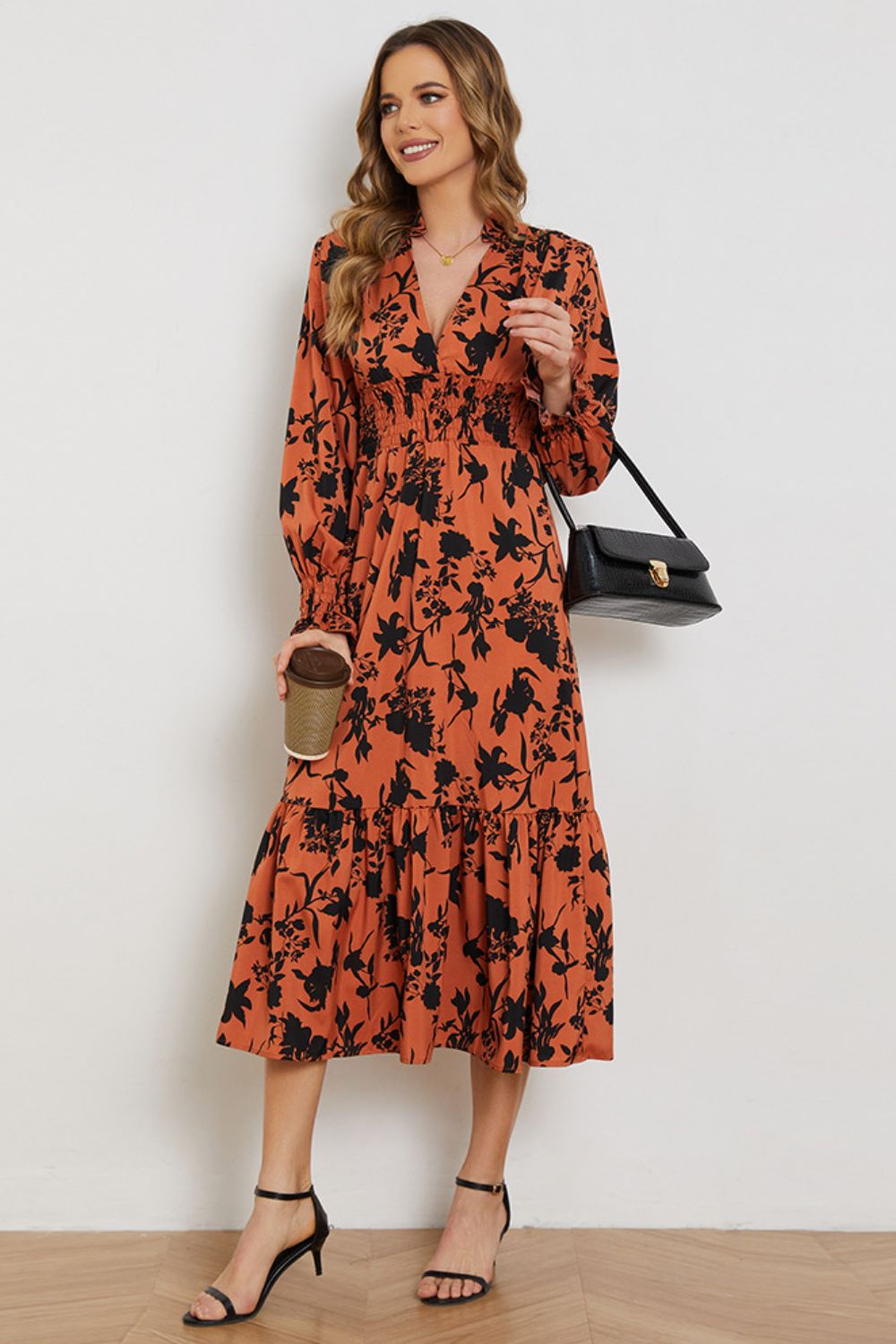 Floral Smocked Long Flounce Sleeve Dress - SHIRLYN.CO