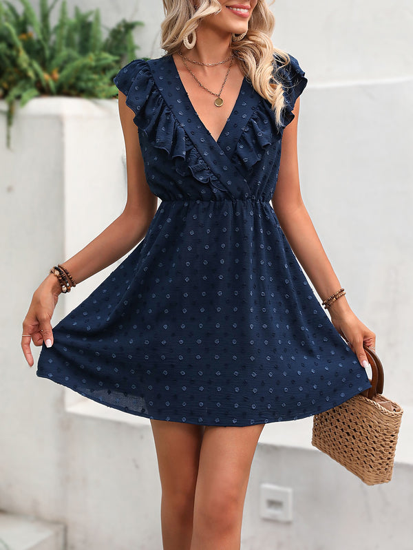 Swiss Dot Ruffled Plunge Dress - SHIRLYN.CO