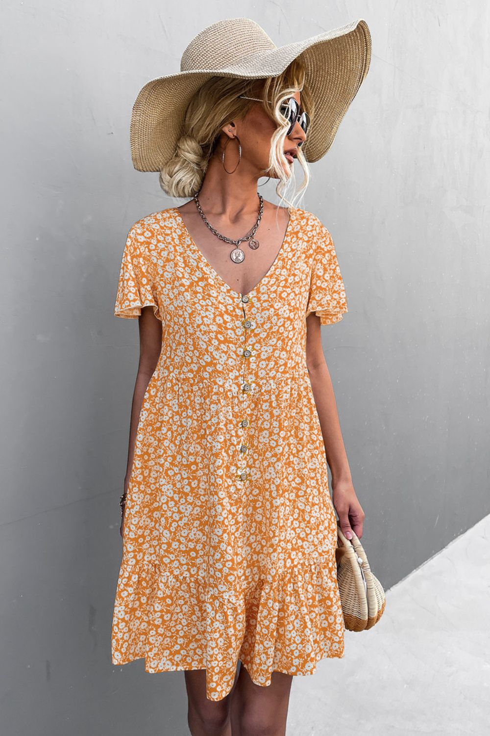 Floral Buttoned V-Neck Flutter Sleeve Dress