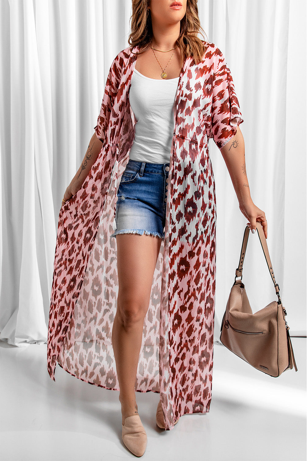 Animal Print Half Sleeve Duster Cardigan - SHIRLYN.CO