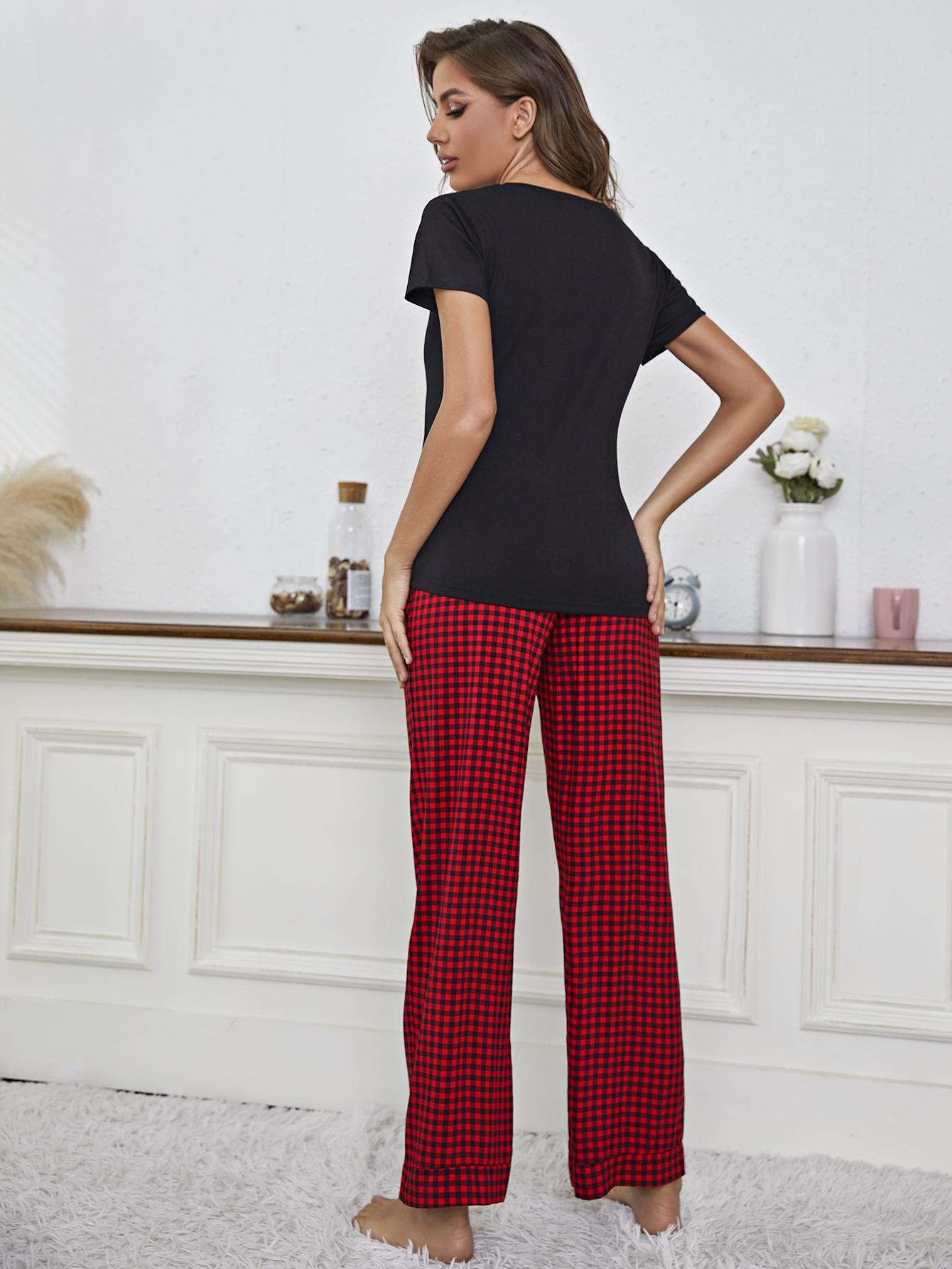 V-Neck Top and Gingham Pants Lounge Set - SHIRLYN.CO