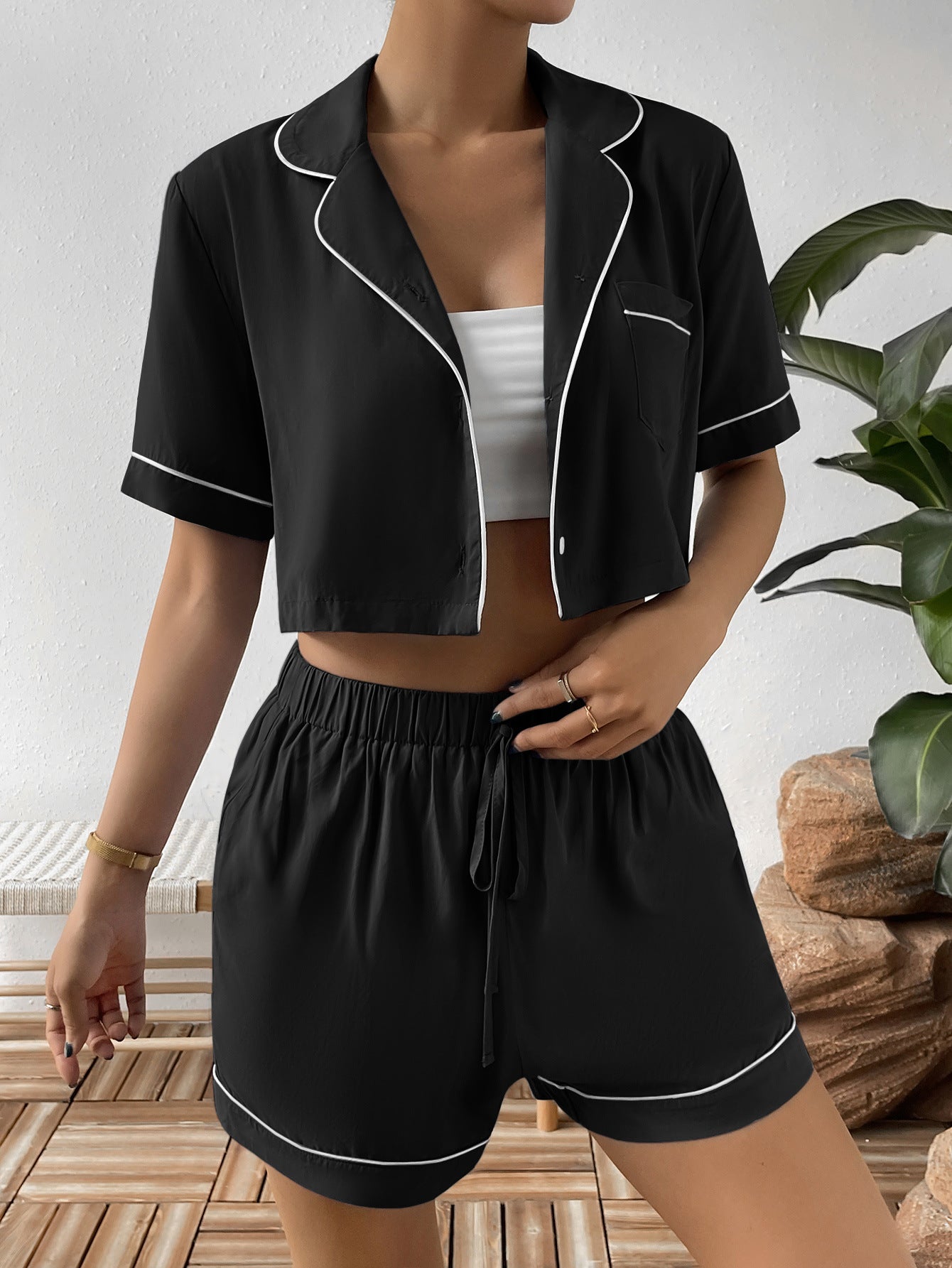 Contrast Lapel Collar Cropped Shirt and Shorts Lounge Set - SHIRLYN.CO