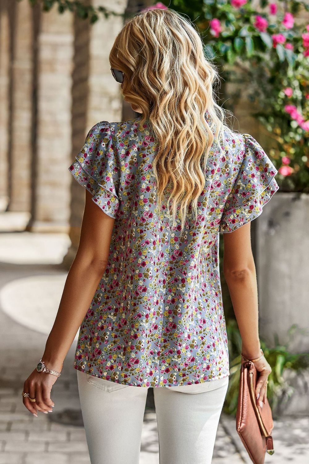 Floral Round Neck Flutter Sleeve Blouse - SHIRLYN.CO