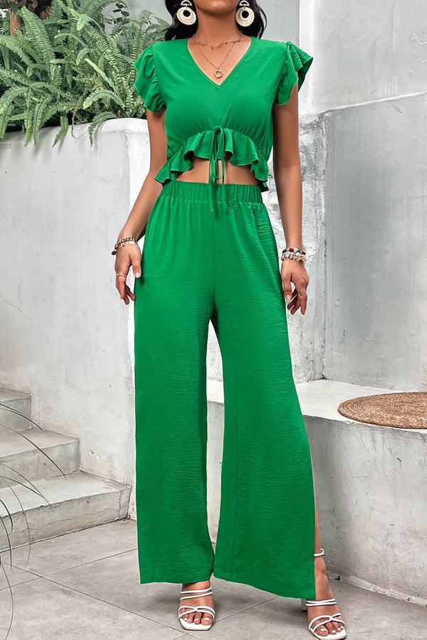 V-Neck Ruffle Hem Top and Slit Pants Set - SHIRLYN.CO