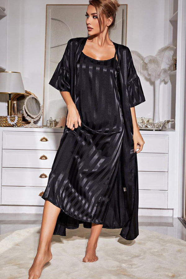 Striped Flounce Sleeve Open Front Robe and Cami Dress Set - SHIRLYN.CO