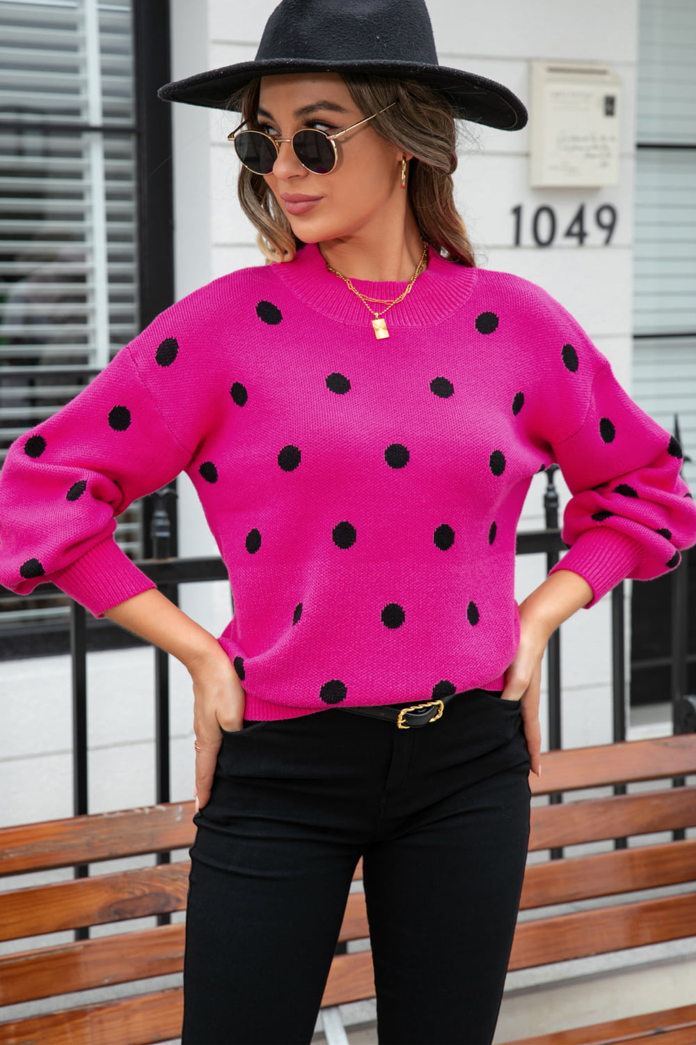 Polka Dot Round Neck Dropped Shoulder Sweater