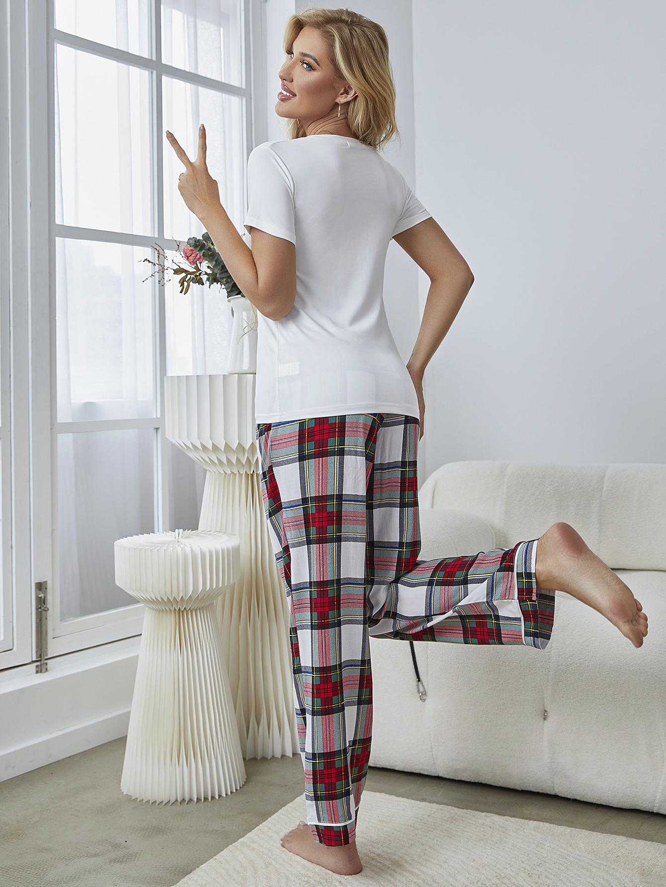 V-Neck Tee and Plaid Pants Lounge Set - SHIRLYN.CO