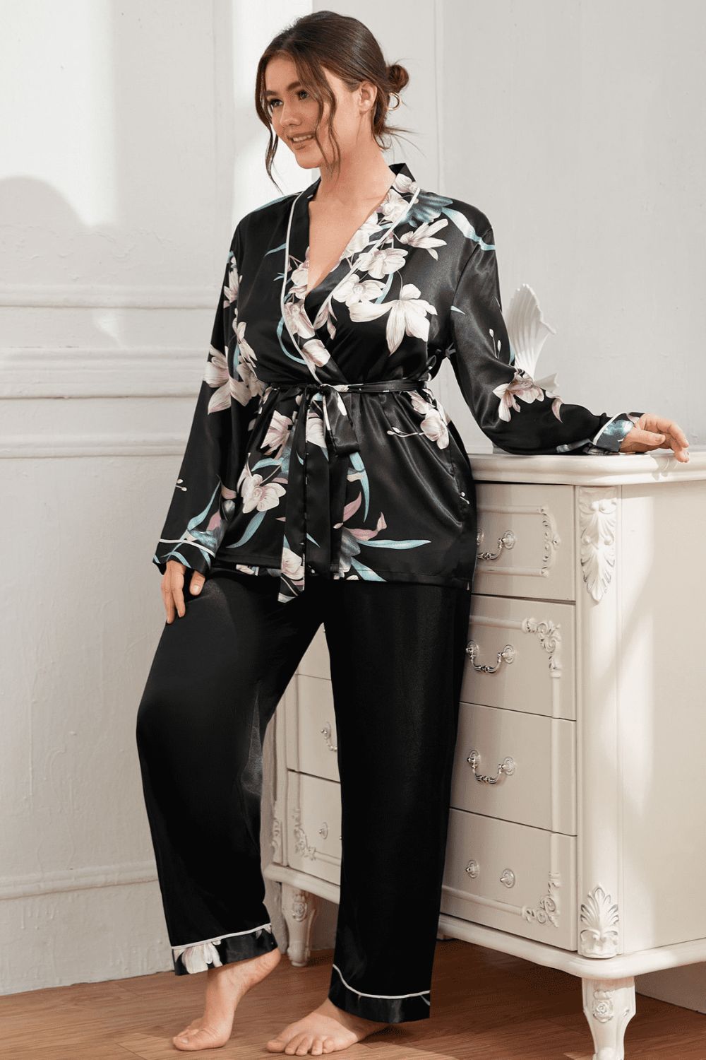 Plus Size Floral Belted Robe and Pants Pajama Set - SHIRLYN.CO