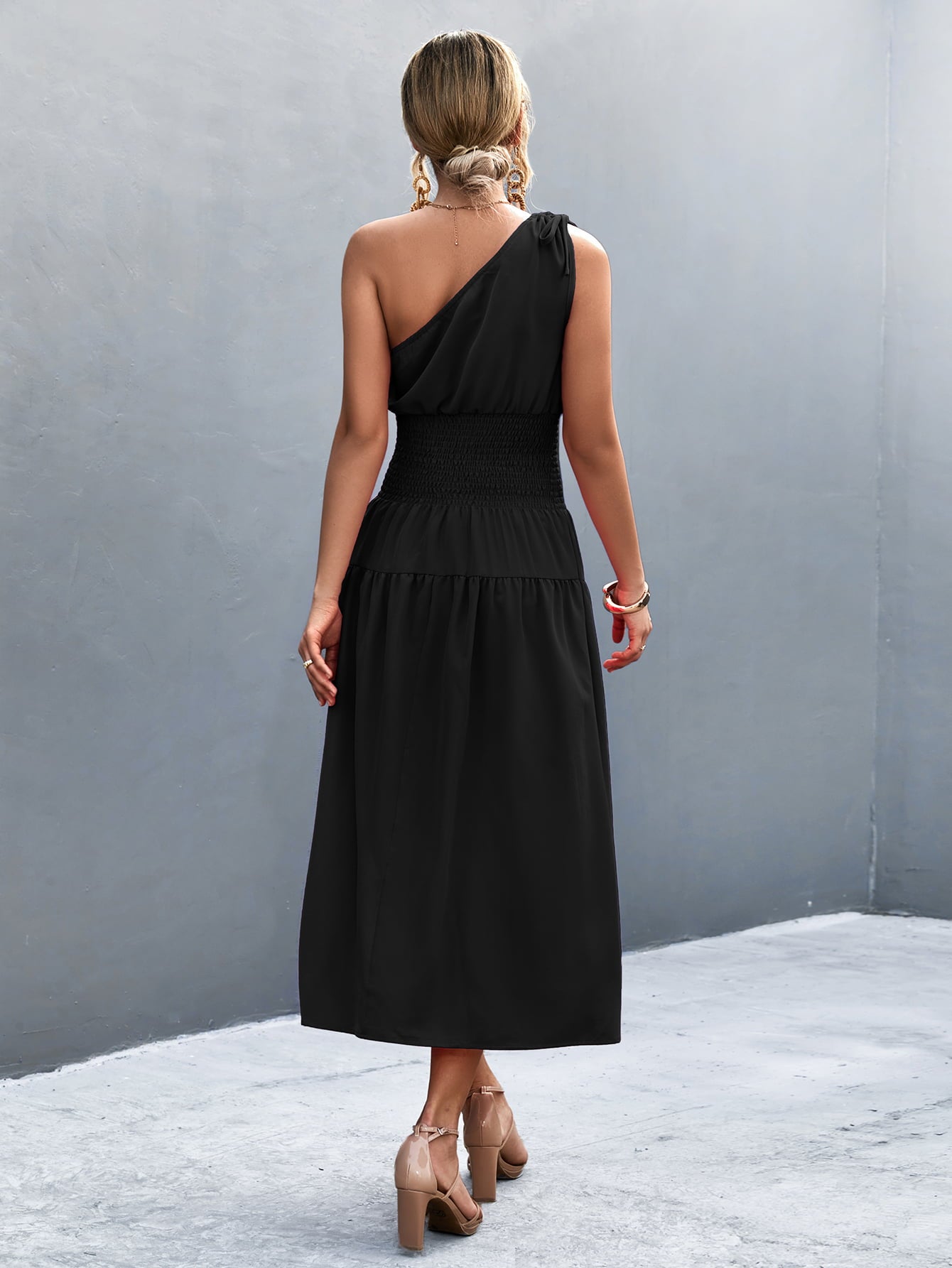 Asymmetrical One Shoulder Smocked Waist Midi Dress - SHIRLYN.CO