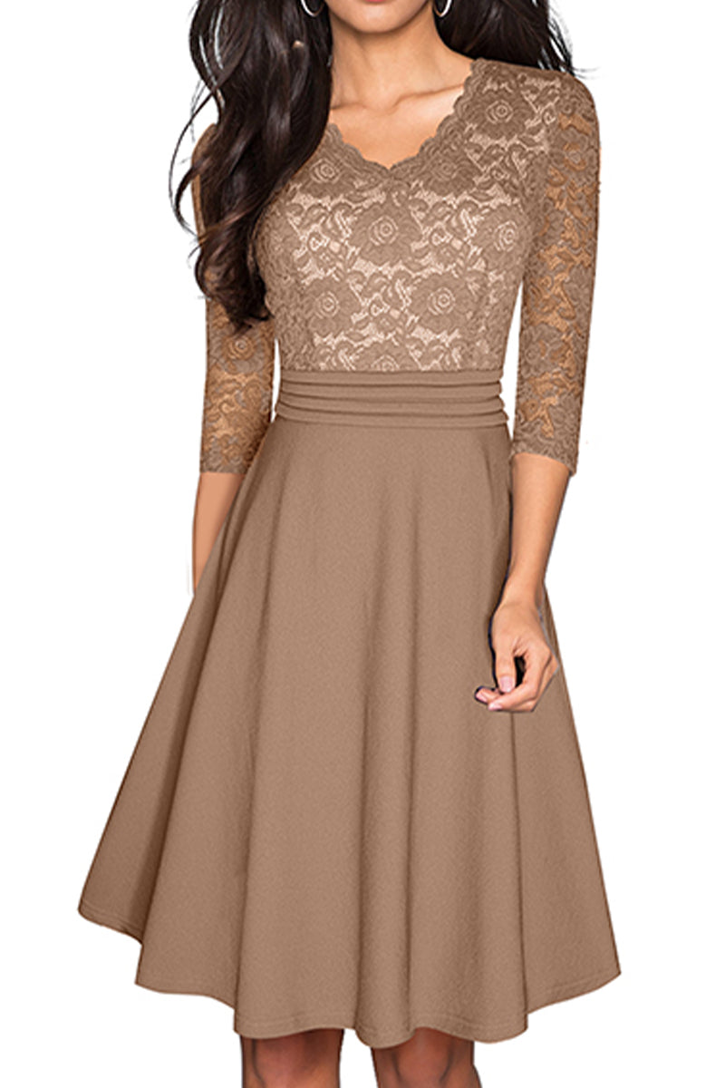 Editor's Choice: Shirlyn's Elegance in Lace: V-Neck Knee-Length Dress with Delicate Details