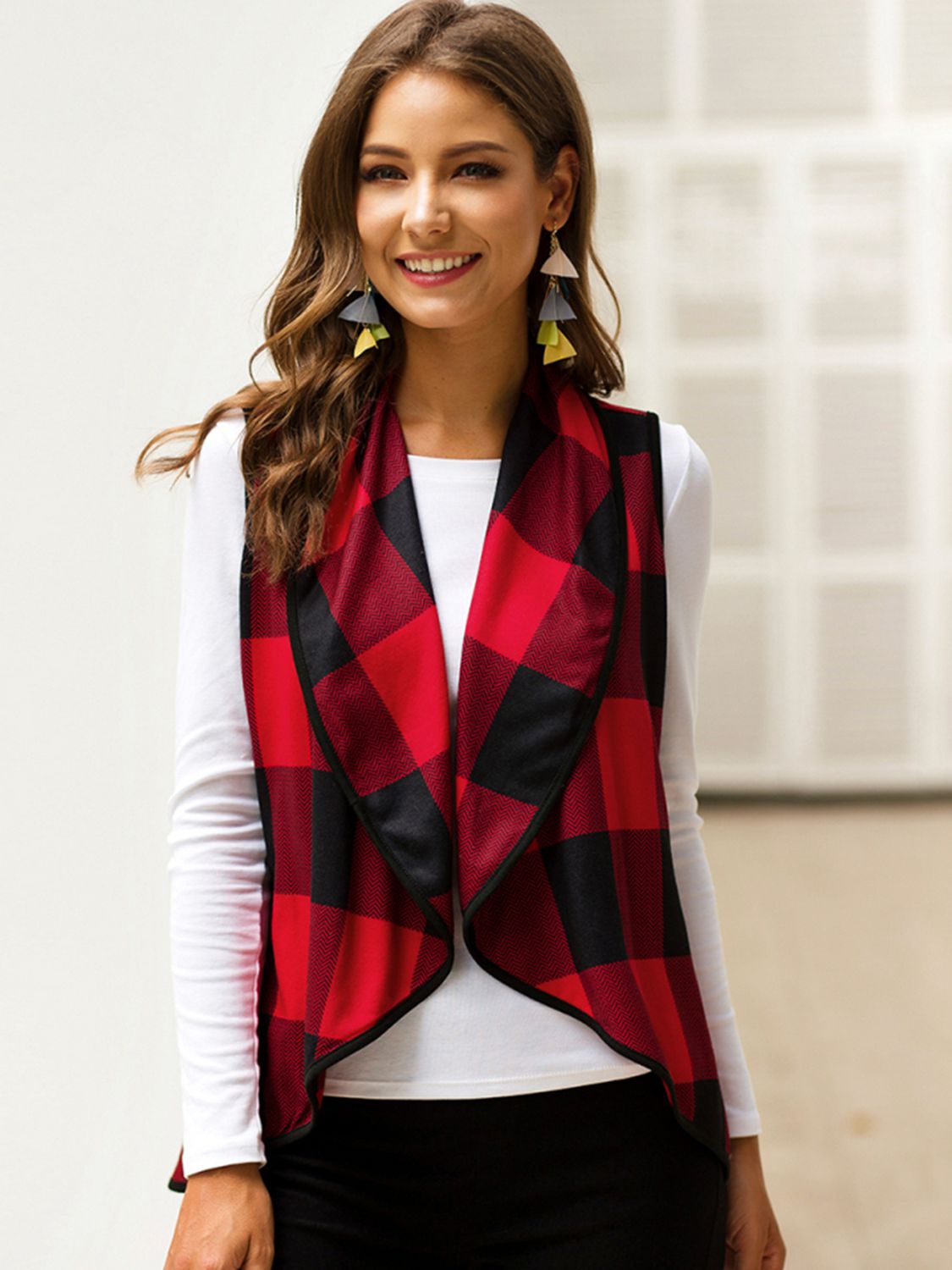 Plaid Open Front Sleeveless Cardigan