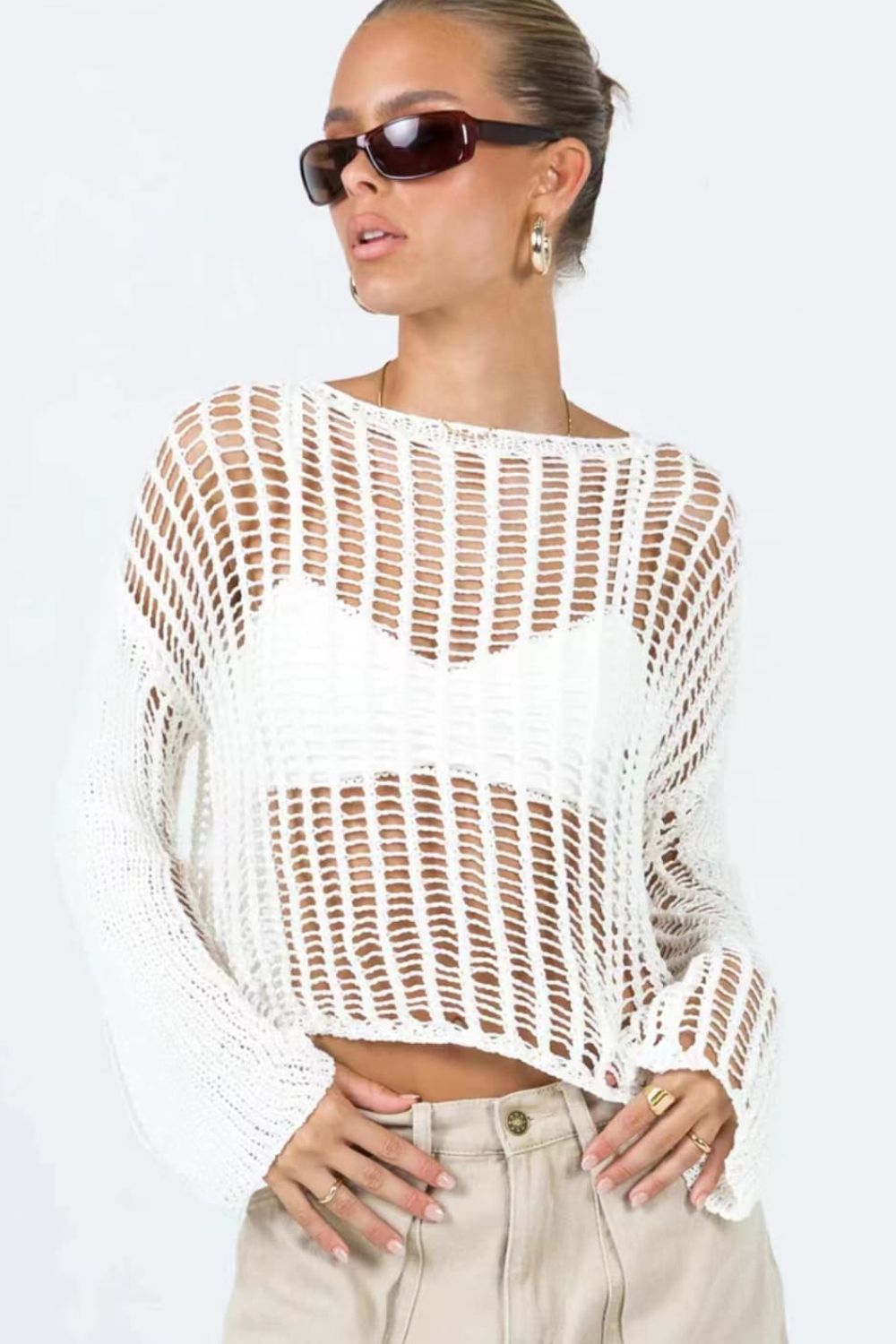 Openwork Boat Neck Long Sleeve Cover Up - SHIRLYN.CO