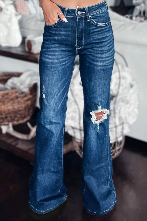 Asymmetrical Open Knee Distressed Flare Jeans - SHIRLYN.CO