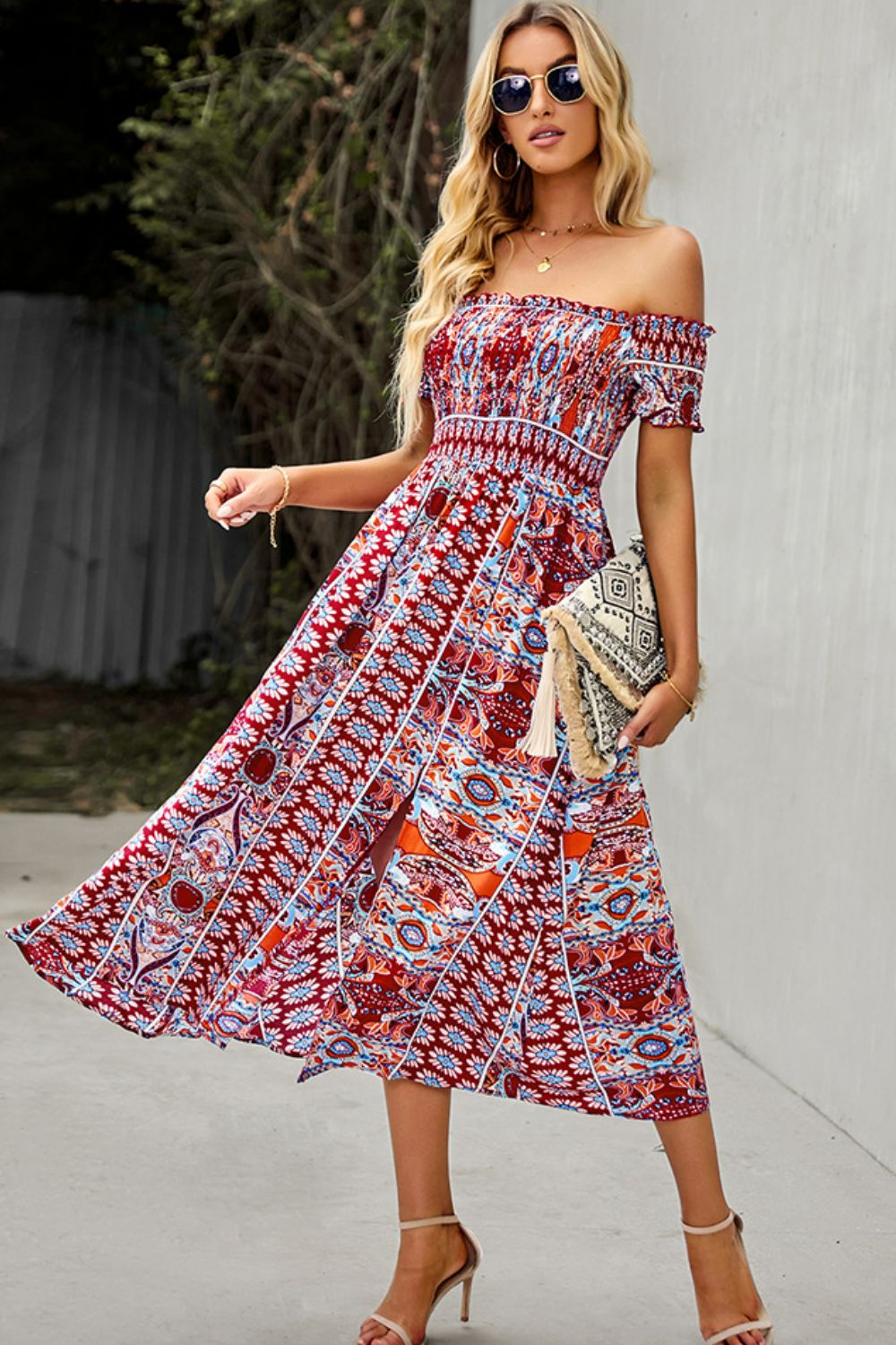 Bohemian Off-Shoulder Frill Trim Split Dress - SHIRLYN.CO