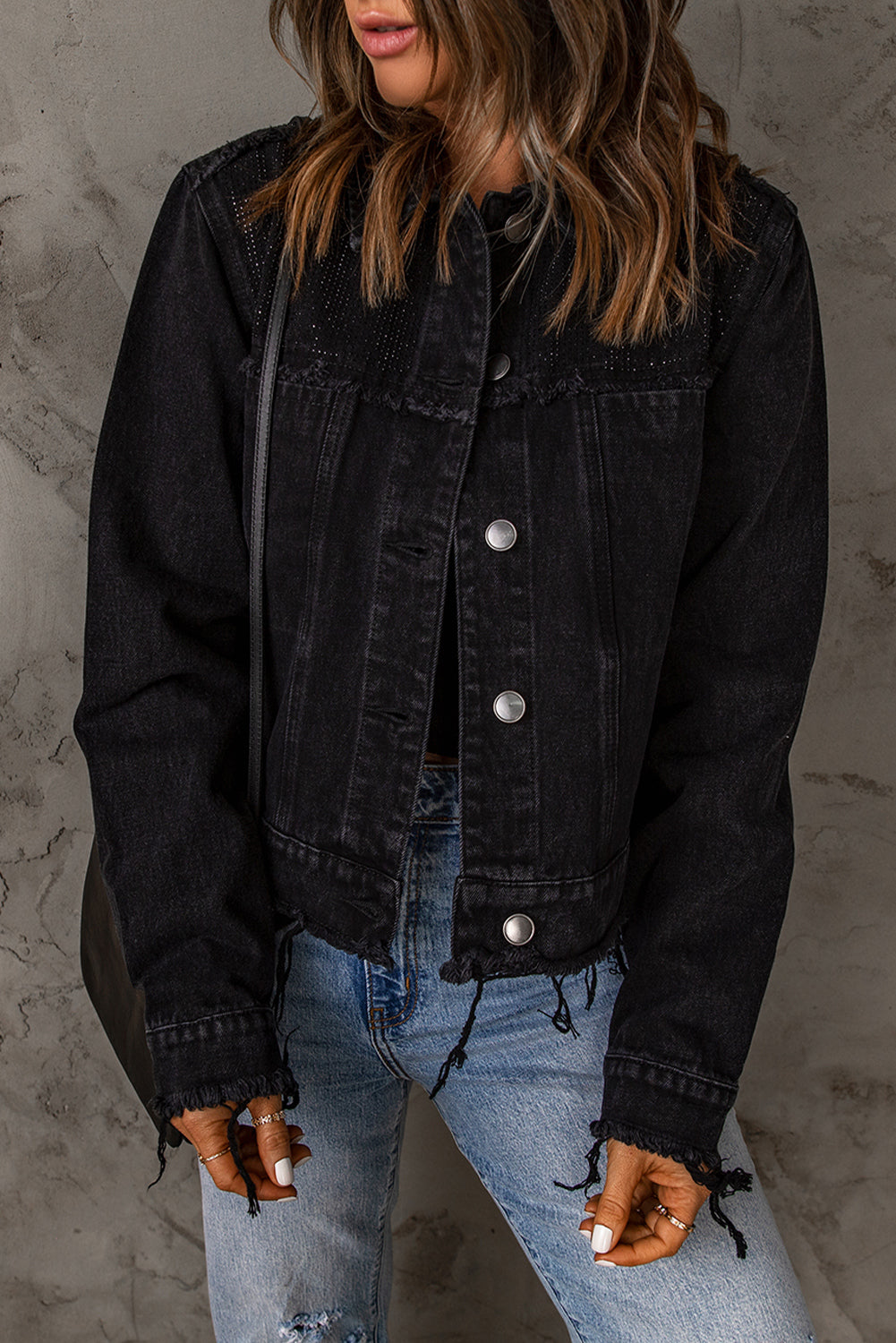 Frayed Trim Button Down Denim Jacket - SHIRLYN.CO