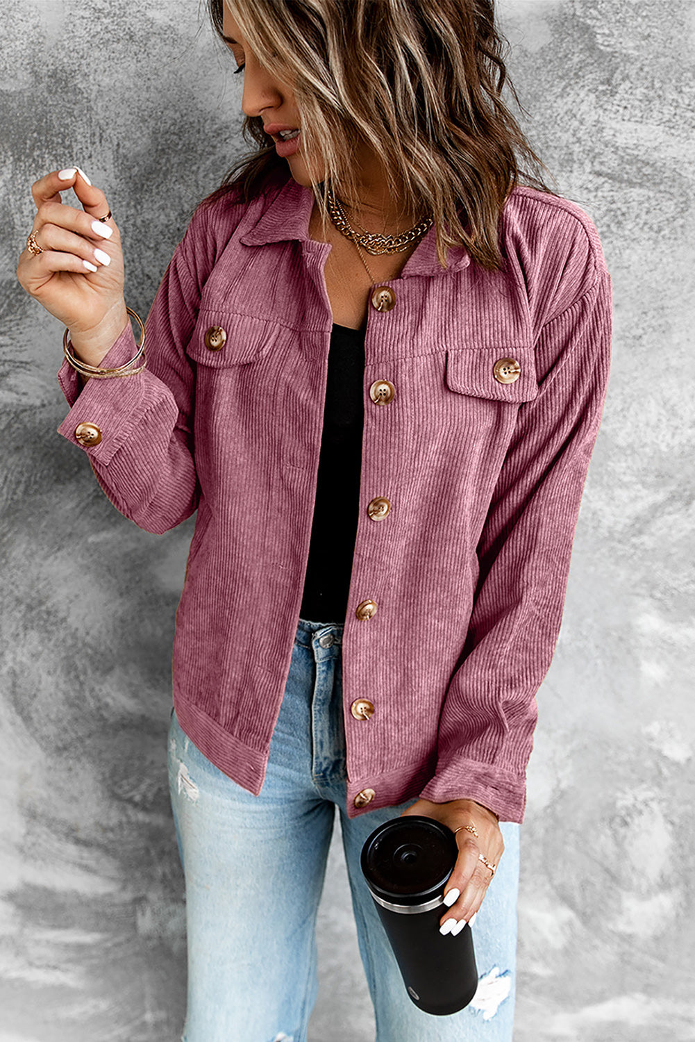 Corduroy Long Sleeve Jacket - SHIRLYN.CO