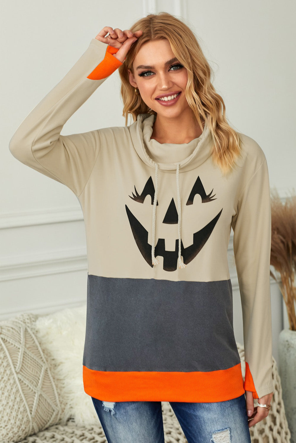 Halloween Print Color Block Drawstring Sweatshirt - SHIRLYN.CO