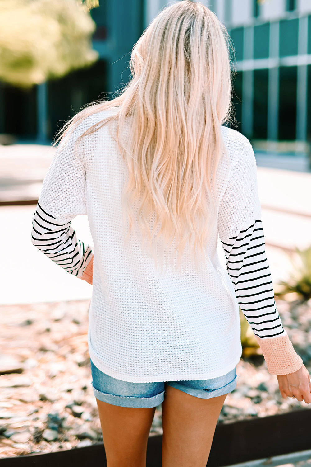 Striped Color Block Waffle-Knit Top - SHIRLYN.CO