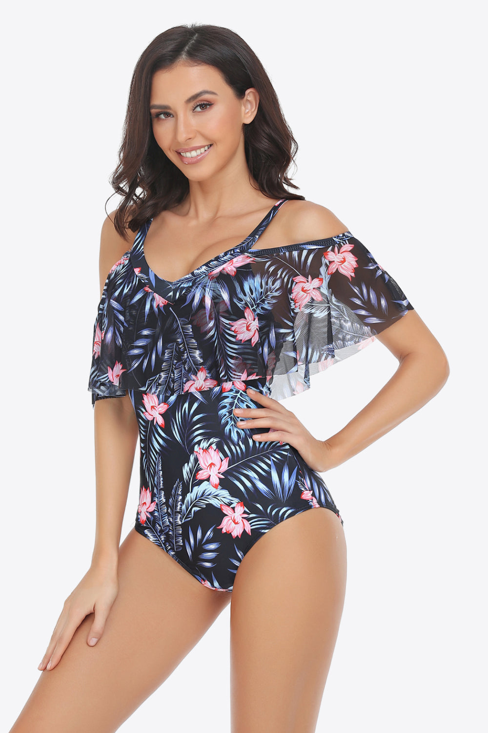 Botanical Print Cold-Shoulder Layered One-Piece Swimsuit - SHIRLYN.CO