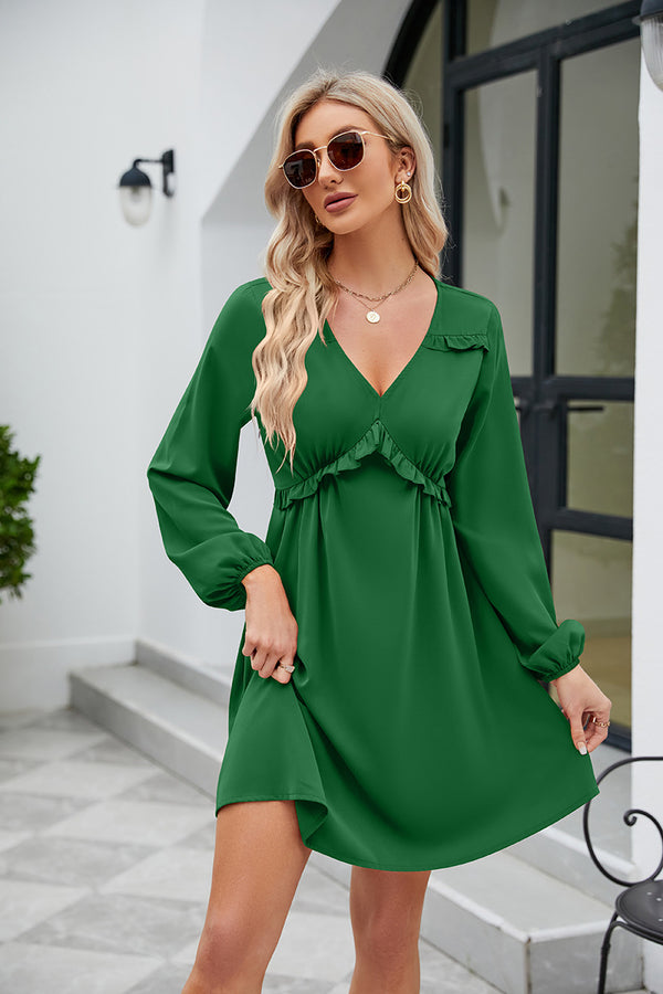 Frill Trim V-Neck Long Sleeve Dress - SHIRLYN.CO