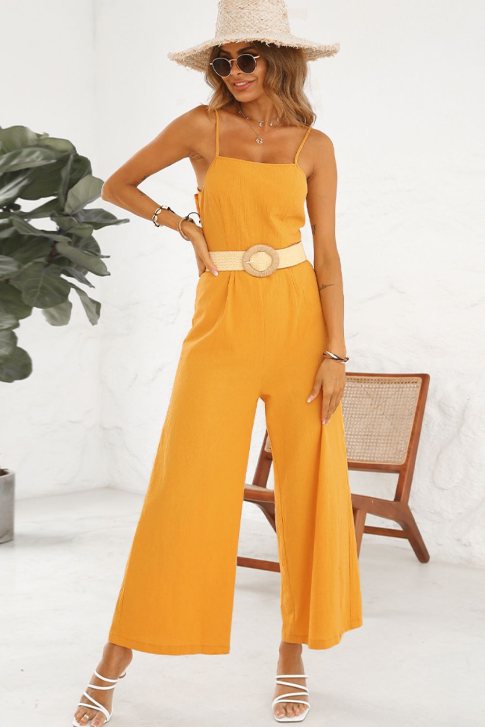 Shirlyn Luxe - Cutout Spaghetti Strap Tie Back Wide Leg Jumpsuit - SHIRLYN.CO