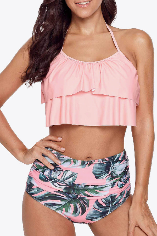 Halter Neck Tie Back Crop Swim Top and Botanical Print Swim Bottoms Set - SHIRLYN.CO