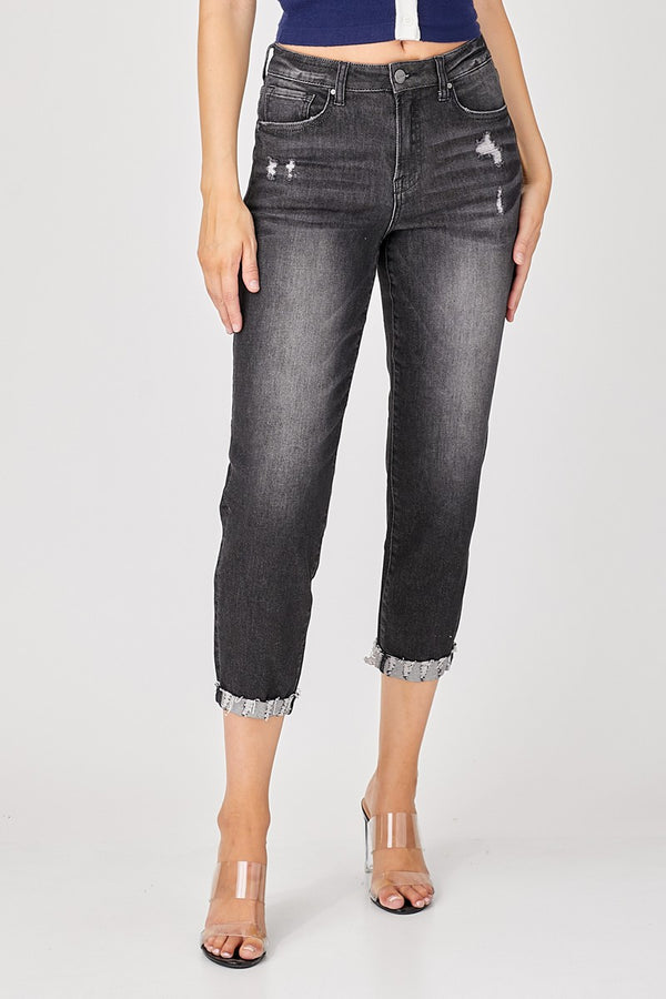 RISEN Distressed High-Rise Boyfriend Jeans in Black - SHIRLYN.CO