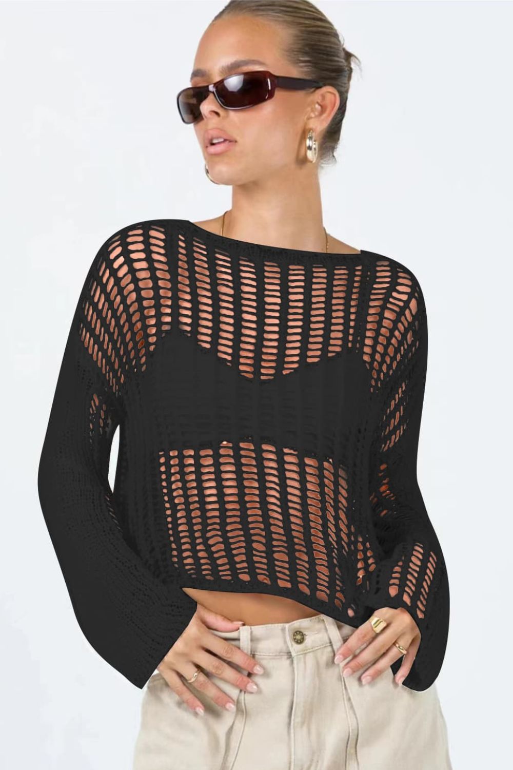 Openwork Boat Neck Long Sleeve Cover Up - SHIRLYN.CO