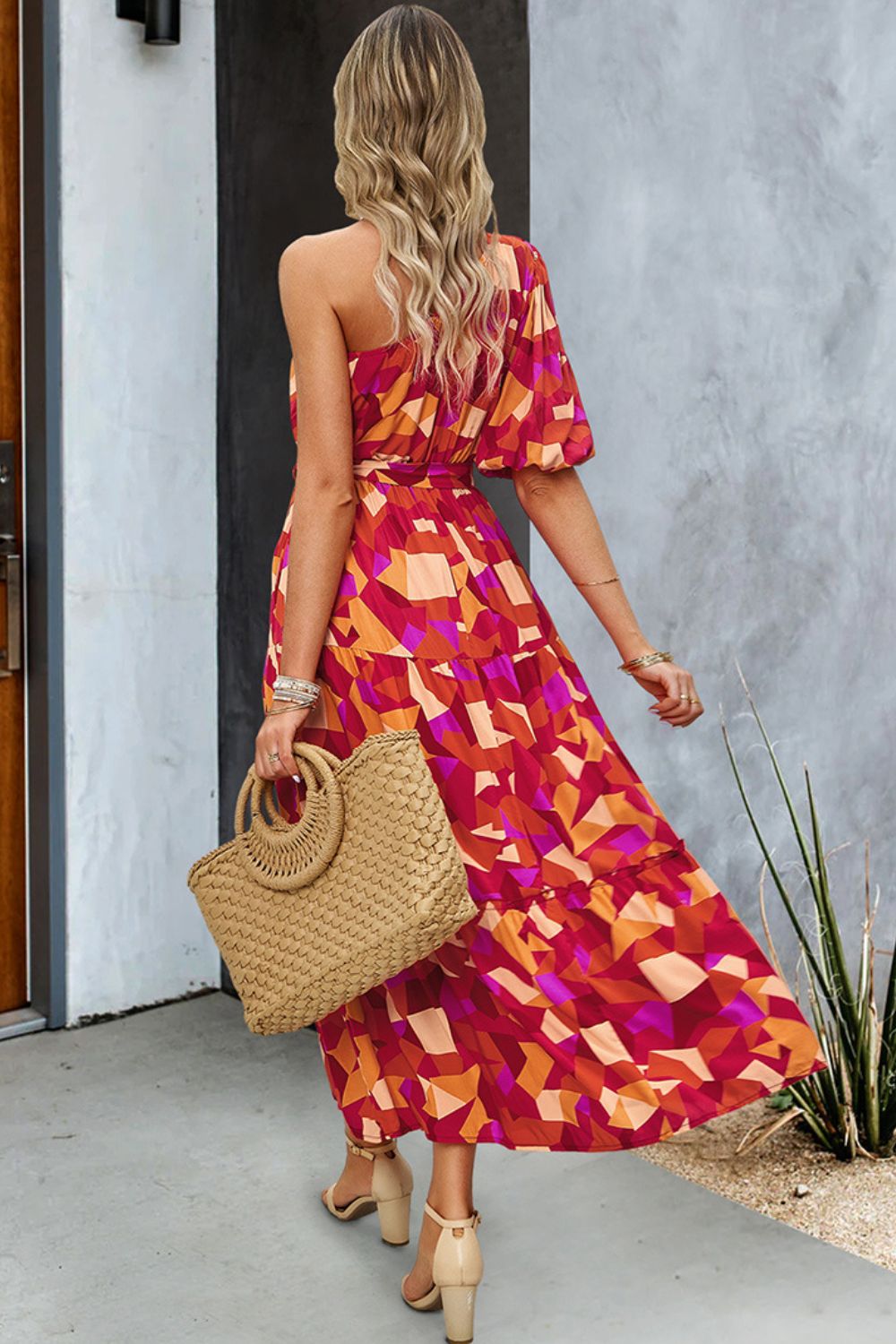 Printed One-Shoulder Tie Belt Maxi Dress - SHIRLYN.CO