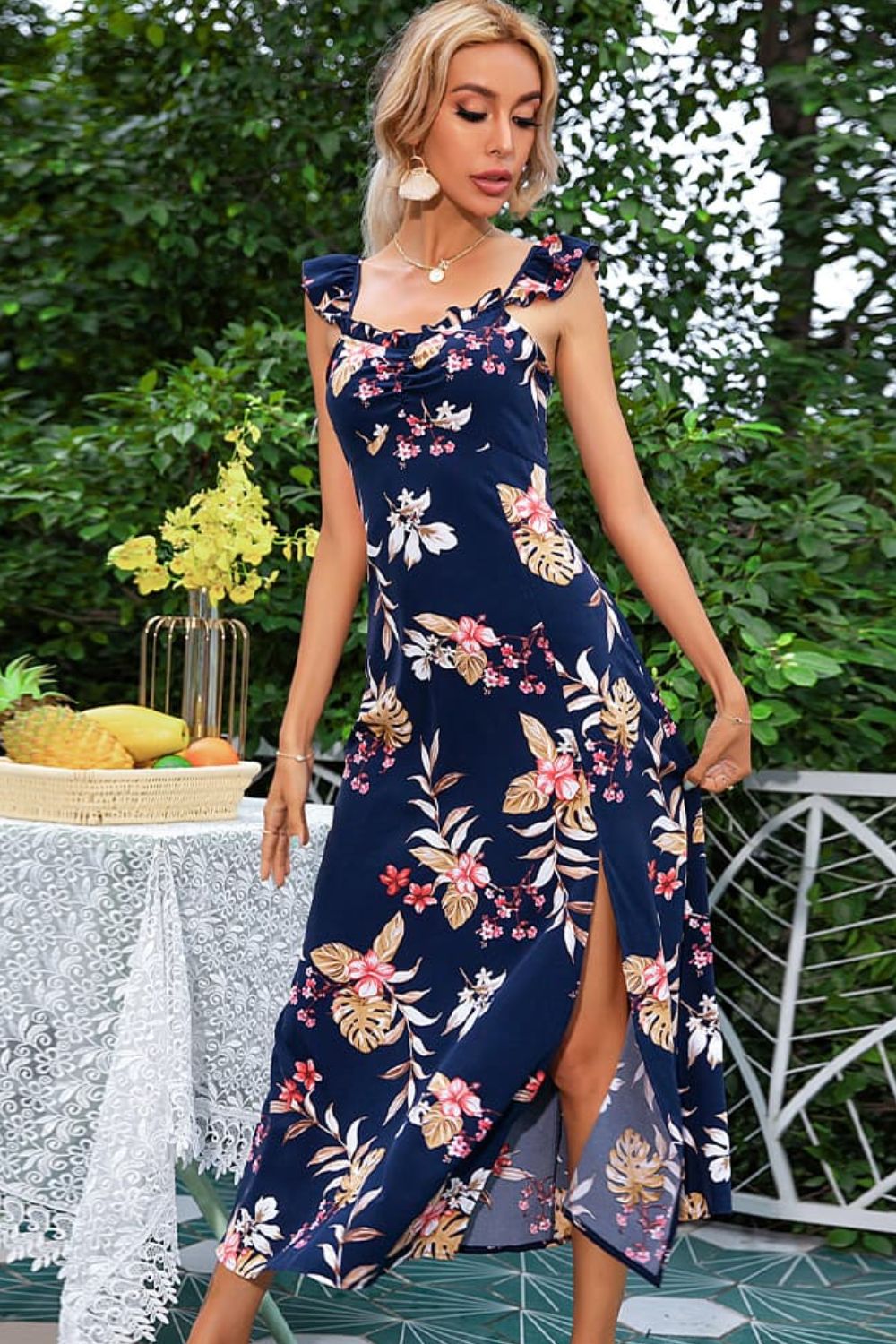 Floral Print Sleeveless Square Neck Slit Midi Dress - SHIRLYN.CO