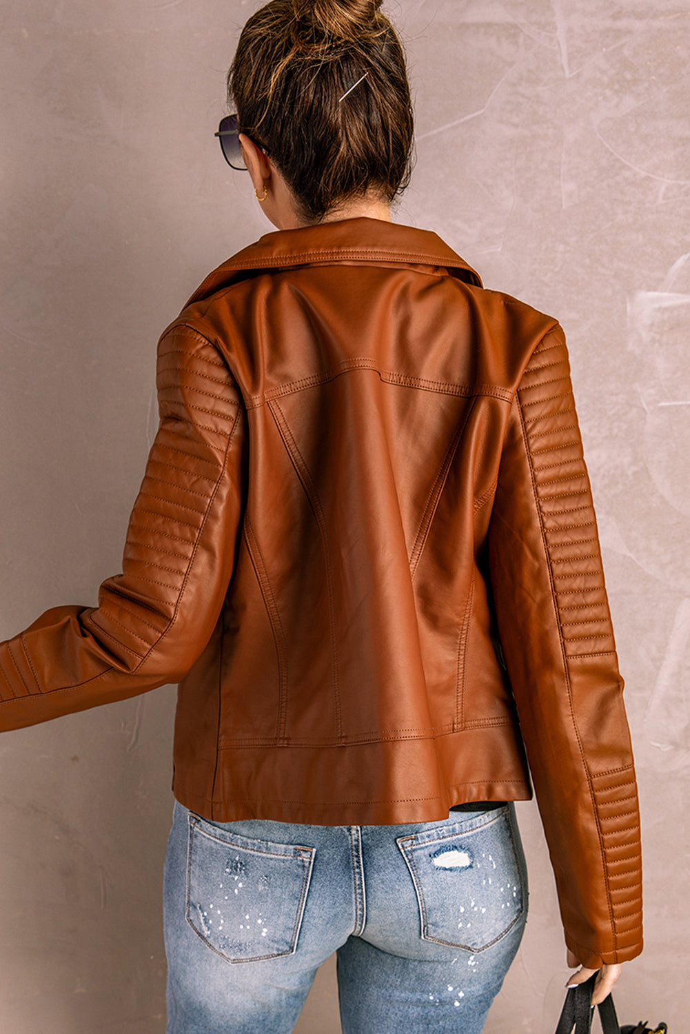 Ribbed Faux Leather Jacket - SHIRLYN.CO